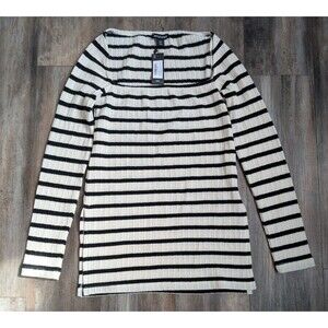 NWT Pretty Little Thing Long Sleeve Square Neck Tunic Top Black Striped Size 8